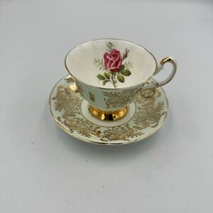 Vintage Paragon Fine Bone China Teacup Saucer Mint Green Gold Rose England